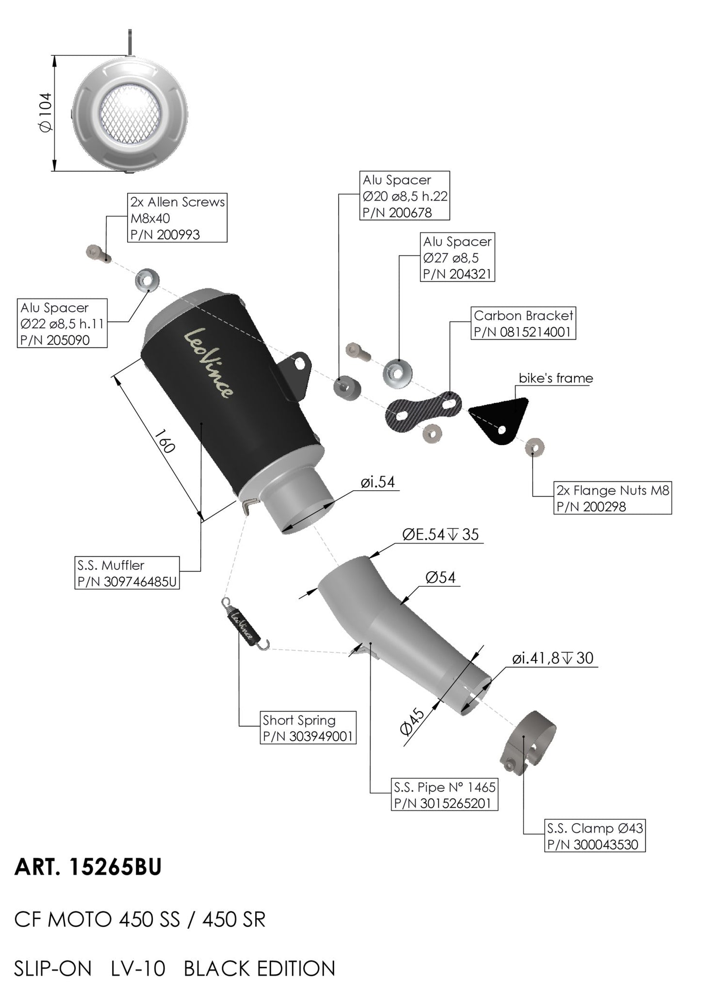 15265BU LEOVINCE 450SS 2023-2024 LV-10 Slip-On Muffler - Black - Stainless Steel