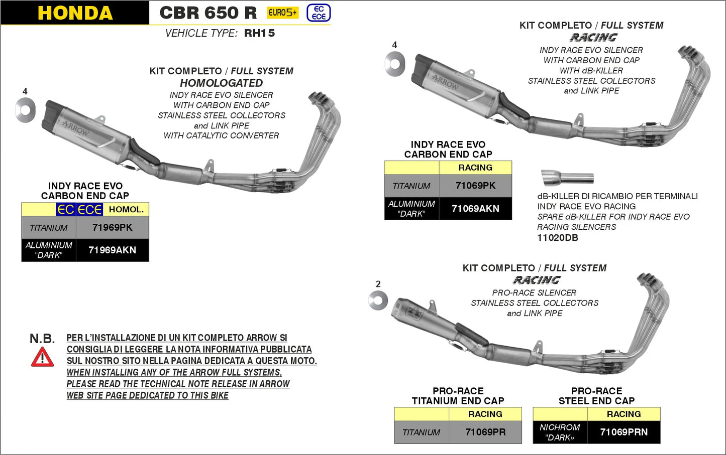 71969PK Arrow WITH CATALYTIC CONVERTER Indy-Race Evo Racing Full Exhaust Titanium Stainless Steel Collectors CB 650 R - CBR 650 R 24-25