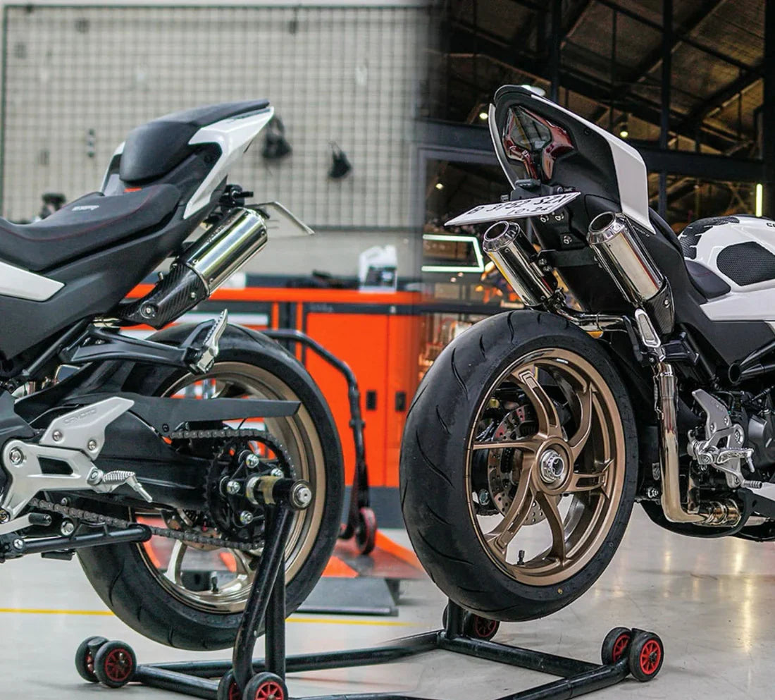 IN STOCK Vandemon CFMOTO single-sided swingarm 450SR-S 2023-2025 Stainless Steel / Titanium High Mount Exhaust System CFMOTO450SRSHMEXHC