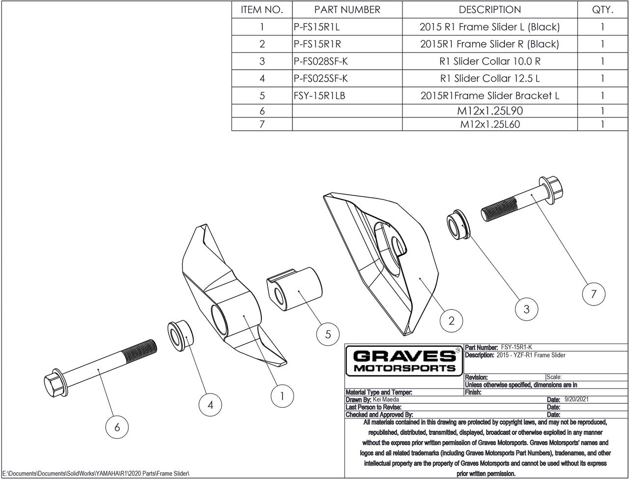 Graves Diamond Frame Saver Sliders Black R1 / R1m / R1s 2015-2023 / Fz10 2017 / Mt-10 Fsy-15r1-K