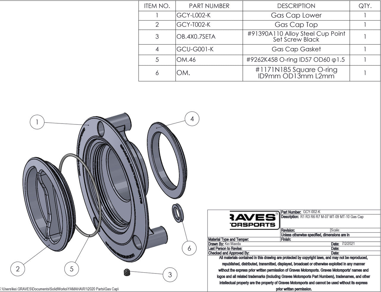 Graves Motorsports Gas Cap R1 2004-2022 / 2006-2021 R6 / 2021-2022 R7 / 2015-2022 R3 / 2014-2022 Mt07 / 2014-2020 Mt09 Gcy-002-K