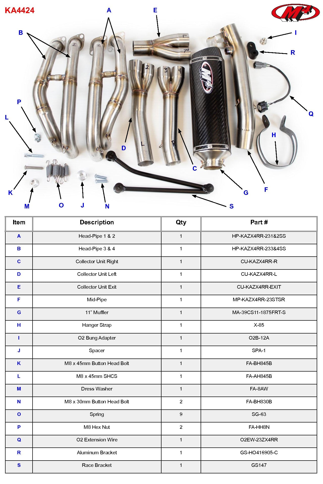 M4 stainless steel full system with carbon fiber X96 canister 2023- 2025 Kawasaki ZX-4RR KA4424