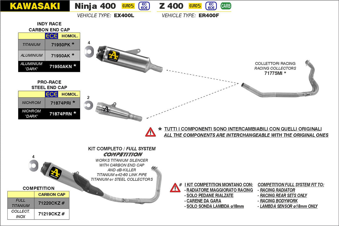 Arrow Competition Full Titanium System Exhaust for Ninja 400 2022-2024/NINJA 500 2024 71220CKZ