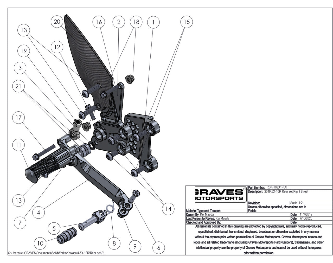 Graves Motorsports Zx-10r / Zx-10rr 2016-2023 Adjustable Rearsets 16-23 W-Rsk-19zx1-Kaf