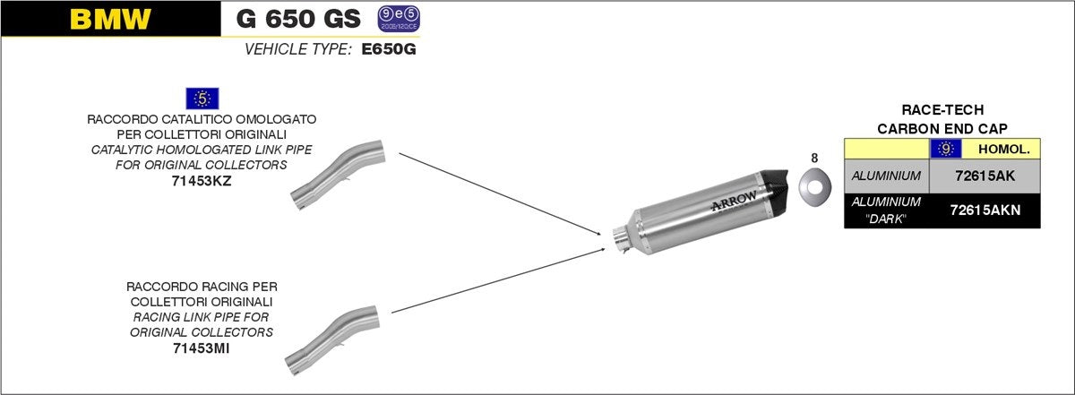 IN STOCK Arrow Bmw G 650 Gs '11/16 Homologated Aluminium Dark Race-Tech Silencer For Arrow Mid Pipe 72615akn