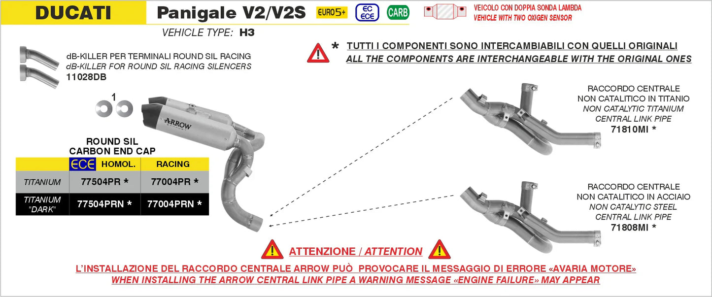 DUCATI PANIGALE V2/V2S E5+ 2025 RH/LH ROUND SIL TITANIUM SILENCERS + STAINLESS STEEL LINK PIPE