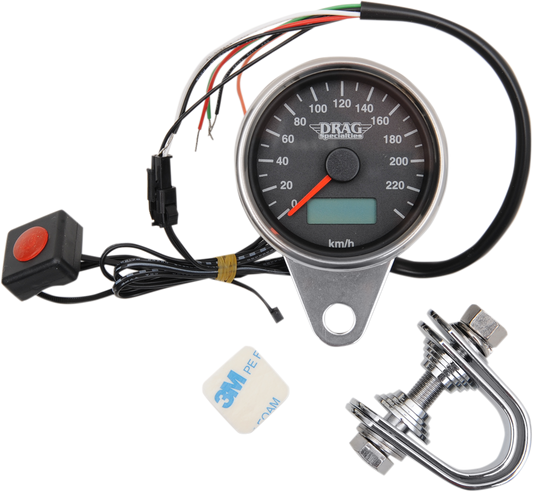 DRAG SPECIALTIES 2.4" KMH Programmable Mini Electronic Speedometer with Odometer/Tripmeter - Matte Black - Black Face 21-6895ADS