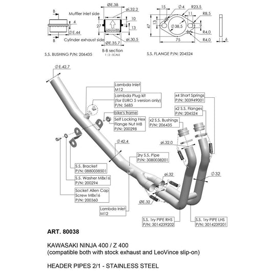 LEOVINCE Header - Stainless Steel - Ninja 400/500  2018-2025   80038 1812-0573