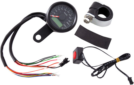 DRAG SPECIALTIES 1-7/8" Programmable Speedometer with Indicator Lights - Gloss Black - 220 KPH LED Black Face 77902K